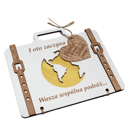Piękna drewniana walizka podróżna prezent ślubny dla pary młodej koperta na pieniądze